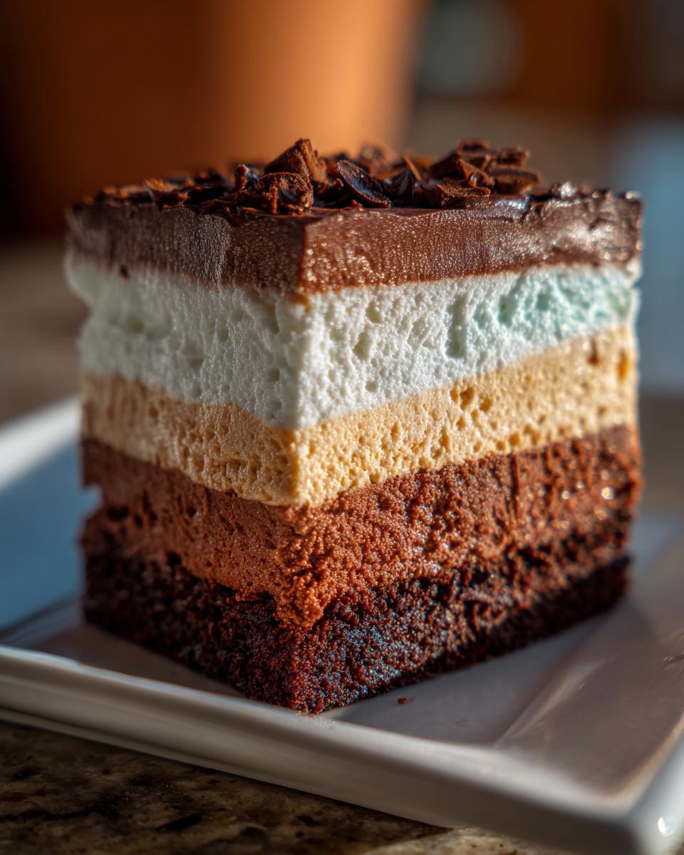 Close-up of a slice of Triple Chocolate Mousse Cake, showing layers of chocolate mousse.