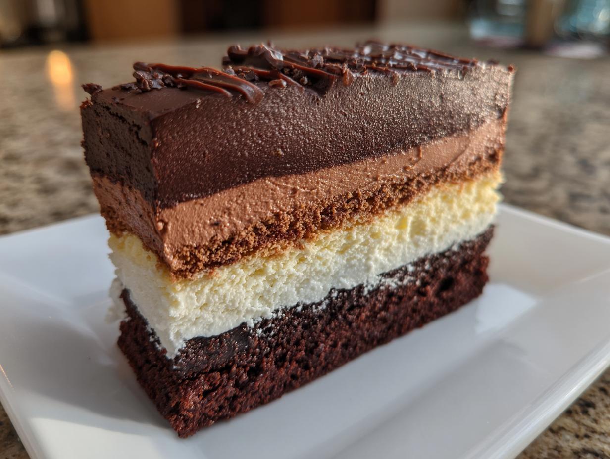 A slice of decadent Triple Chocolate Mousse Cake on a white plate, showing layers of chocolate.