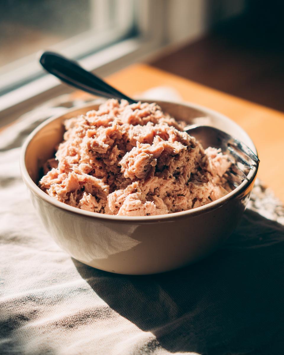 Close-up of a bowl filled with flaked tuna, ready for a Tuna & Egg Cat Meal.