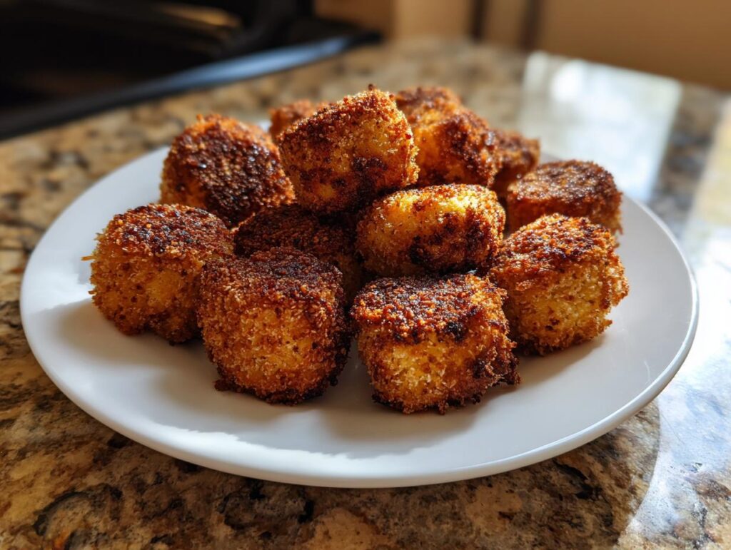 Close-up of a plate of delicious Tuna Cat Snack Bites, golden brown and ready to eat.