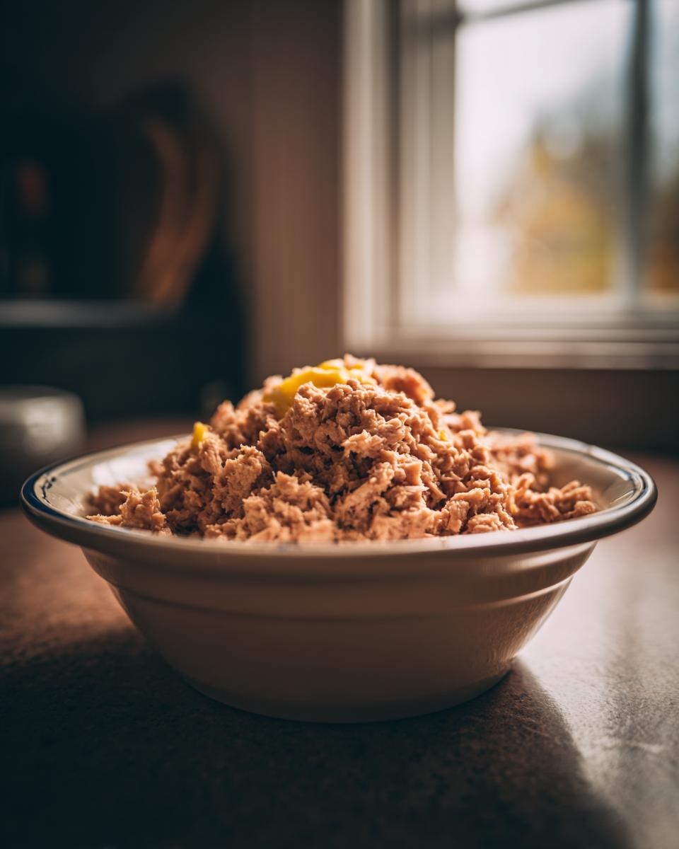 A bowl of Tuna & Egg Cat Meal, a healthy and delicious meal for cats.