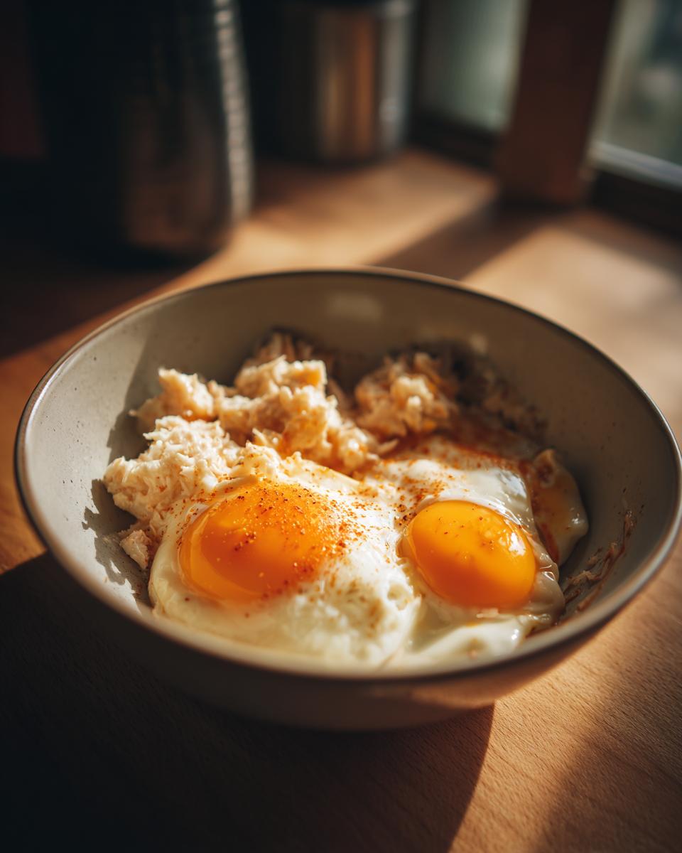 Bowl of Tuna & Egg Cat Meal with sunny-side-up eggs and flaked tuna.