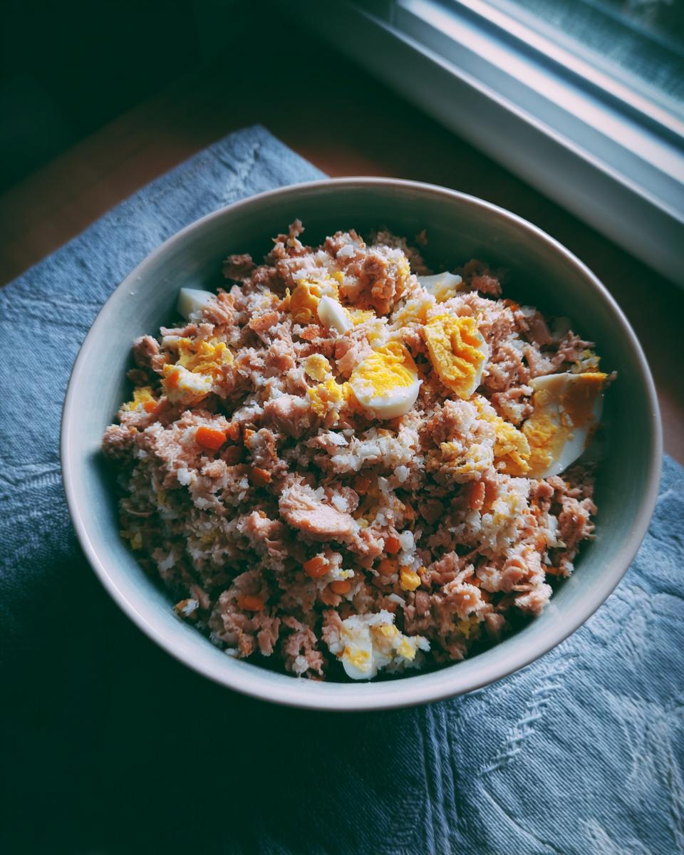 Overhead shot of a bowl filled with Tuna & Egg Cat Meal, a homemade cat food recipe.