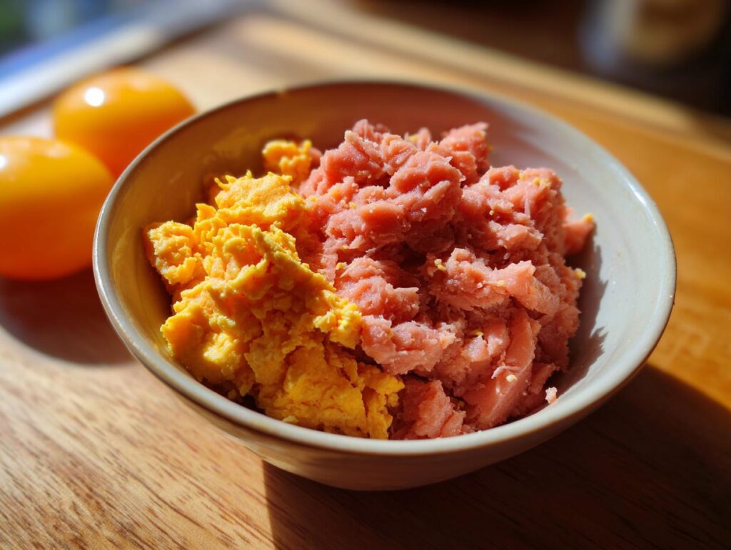 Close-up of a bowl with tuna and scrambled eggs, ingredients for a Tuna & Egg Cat Meal.