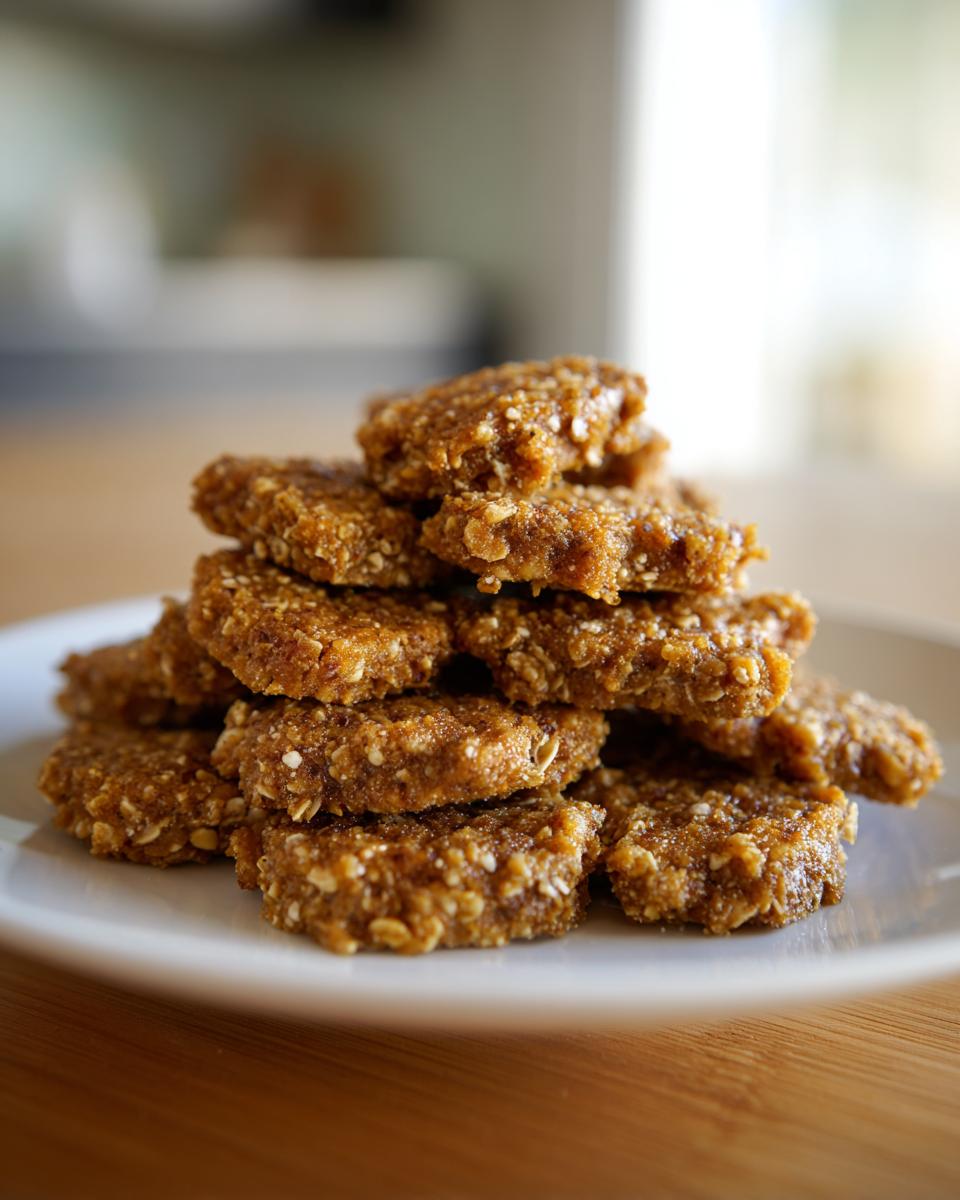 Pile of homemade Tuna & Oat Cat Crunchies on a white plate, close-up shot.