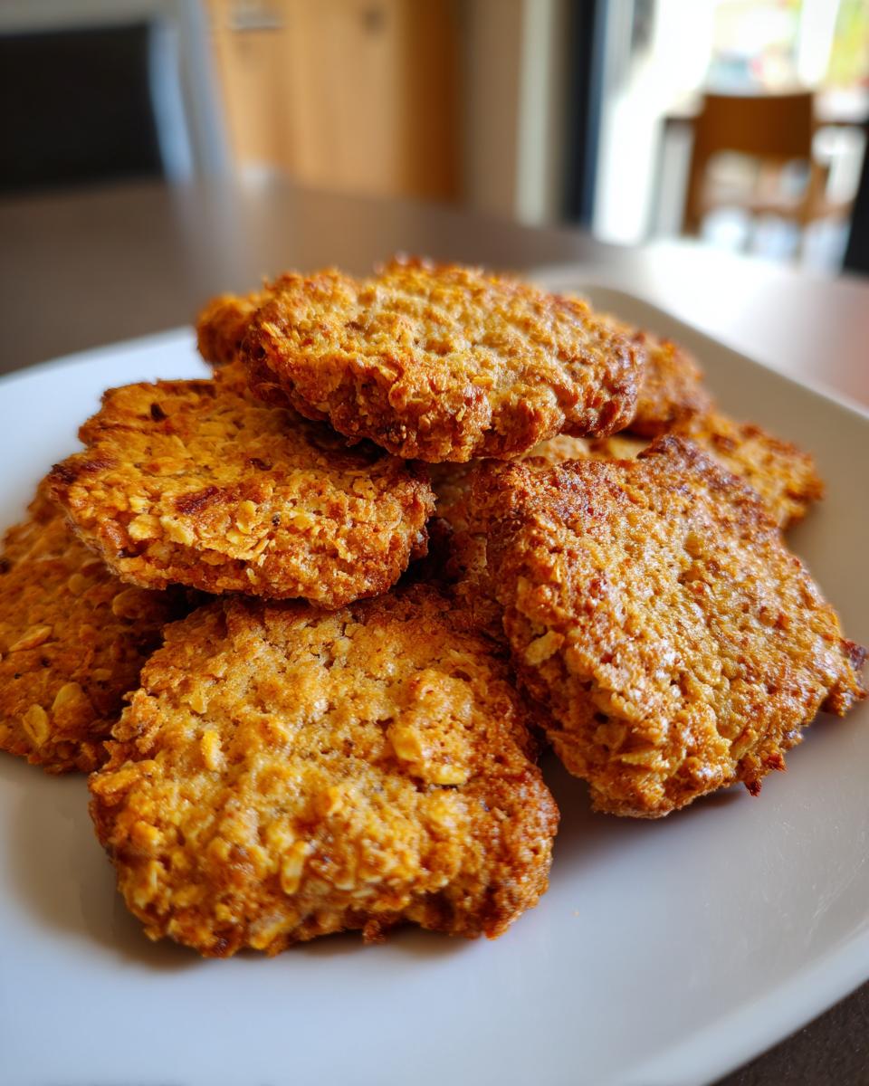 Close-up of a pile of freshly baked Tuna & Oat Cat Crunchies on a white plate.