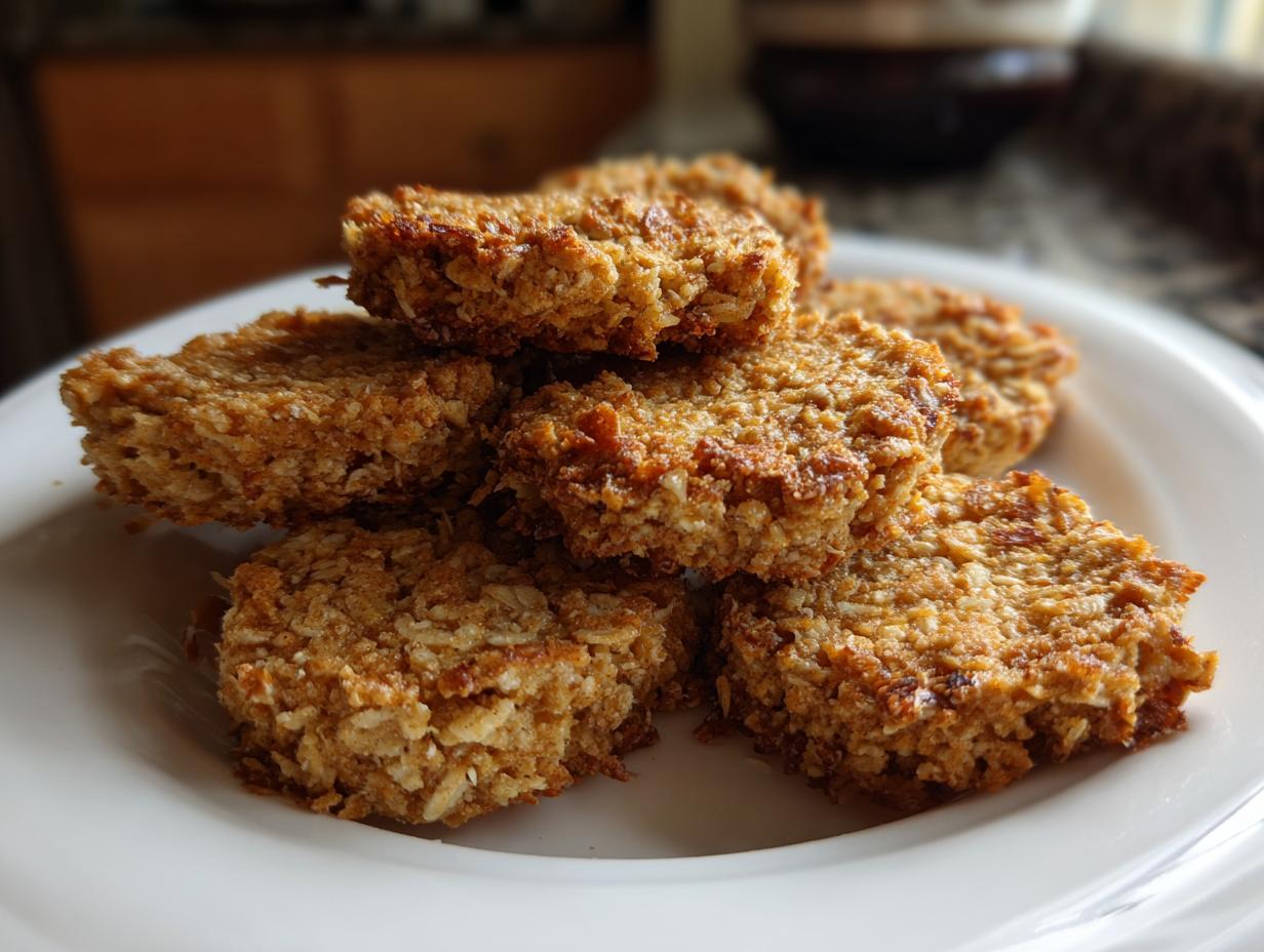 A stack of homemade Tuna & Oat Cat Crunchies on a white plate, ready to be enjoyed.