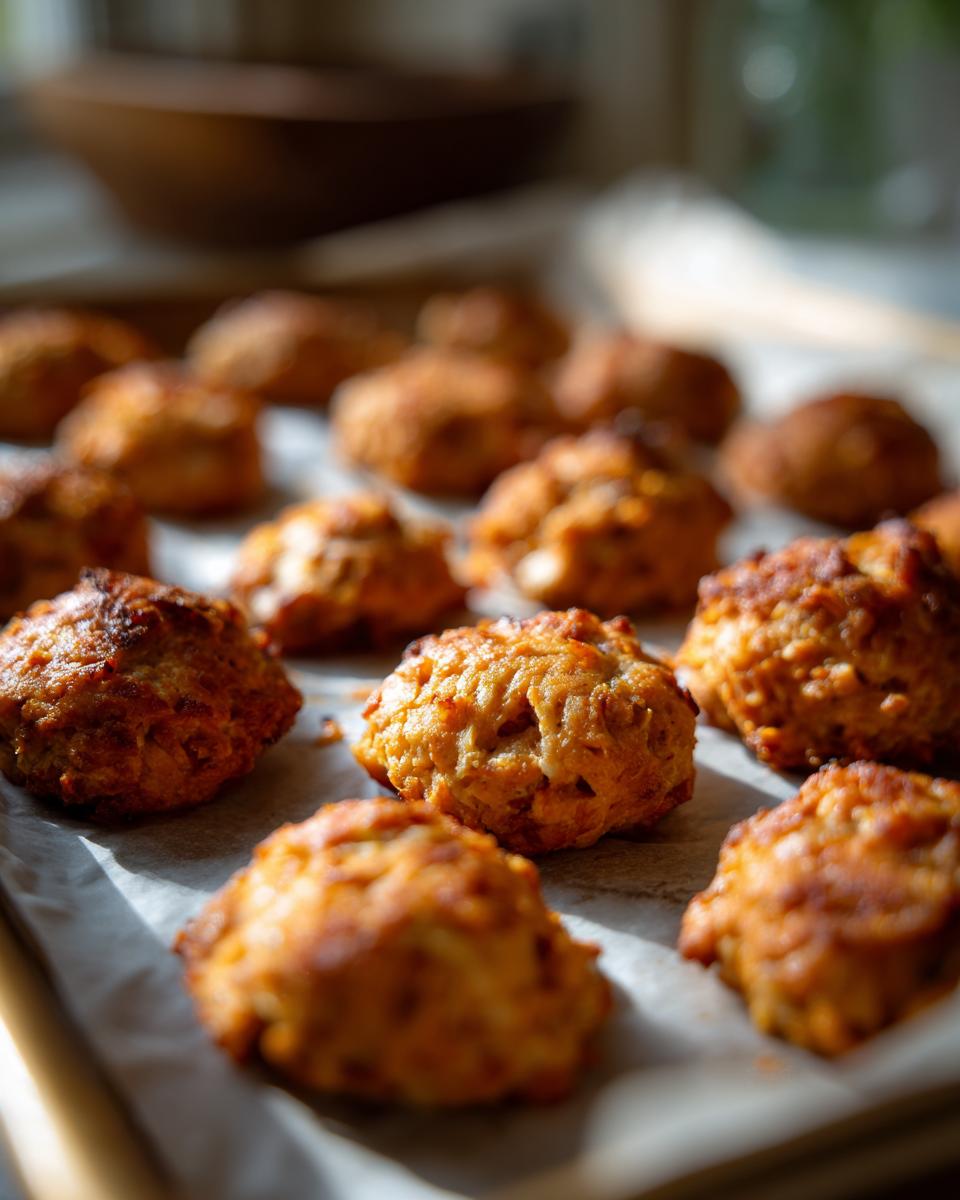 Close-up of baked 4-Ingredient Tuna & Pumpkin Cat Bites on a baking sheet.
