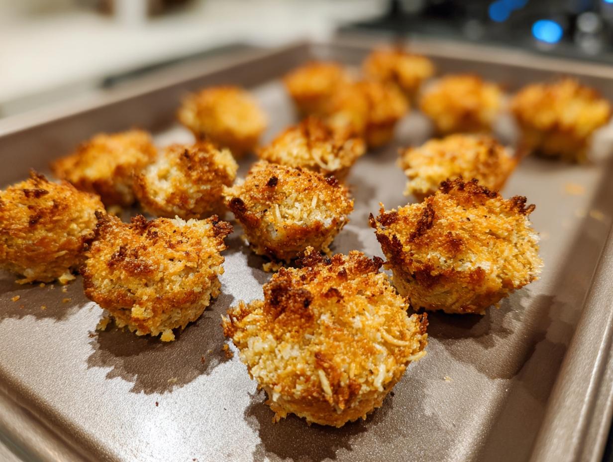 Close-up of freshly baked 4-Ingredient Tuna & Pumpkin Cat Bites on a baking sheet.