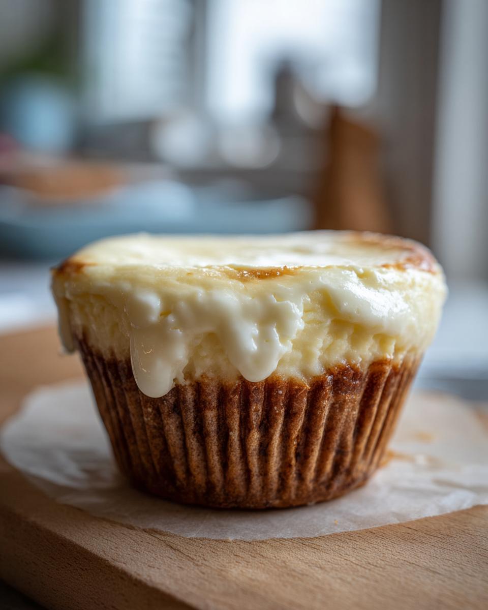 Close-up of a baked Viral Two-Ingredient Cheesecake Cup on a wooden board.