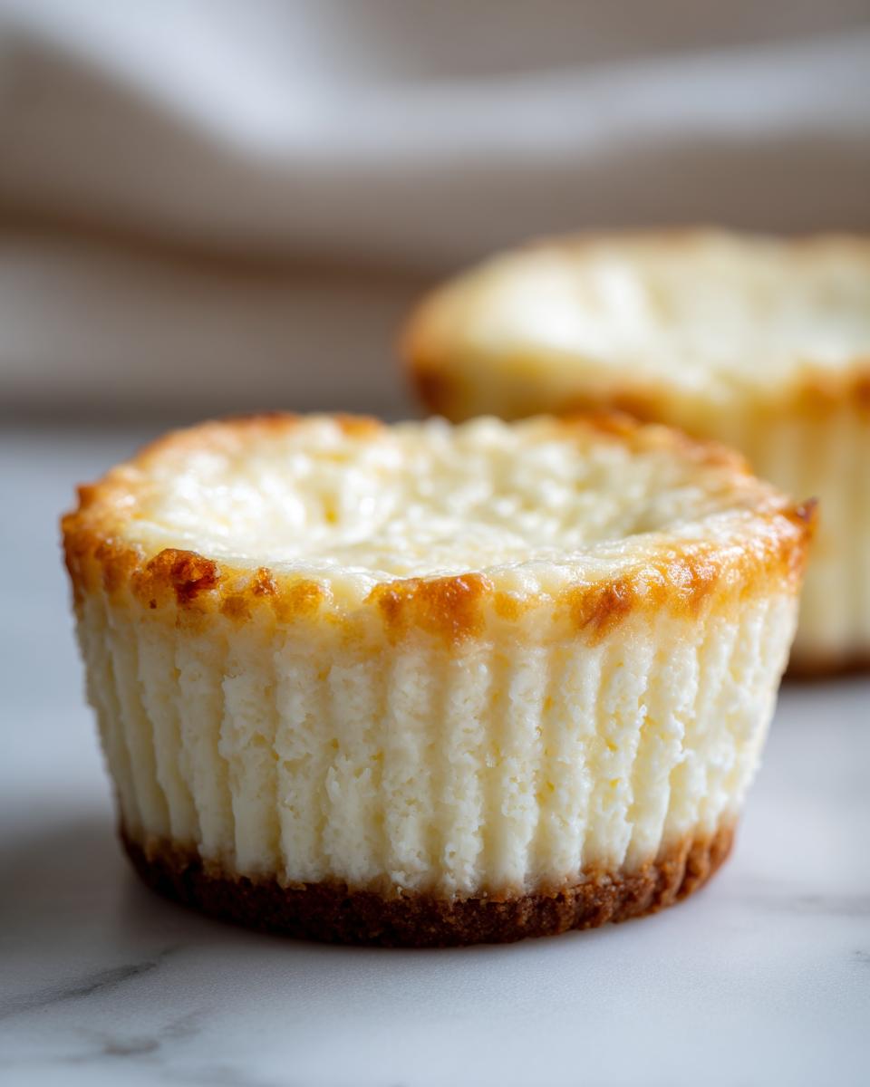 Close-up of a baked Viral Two-Ingredient Cheesecake Cup, showing the golden crust and creamy filling.