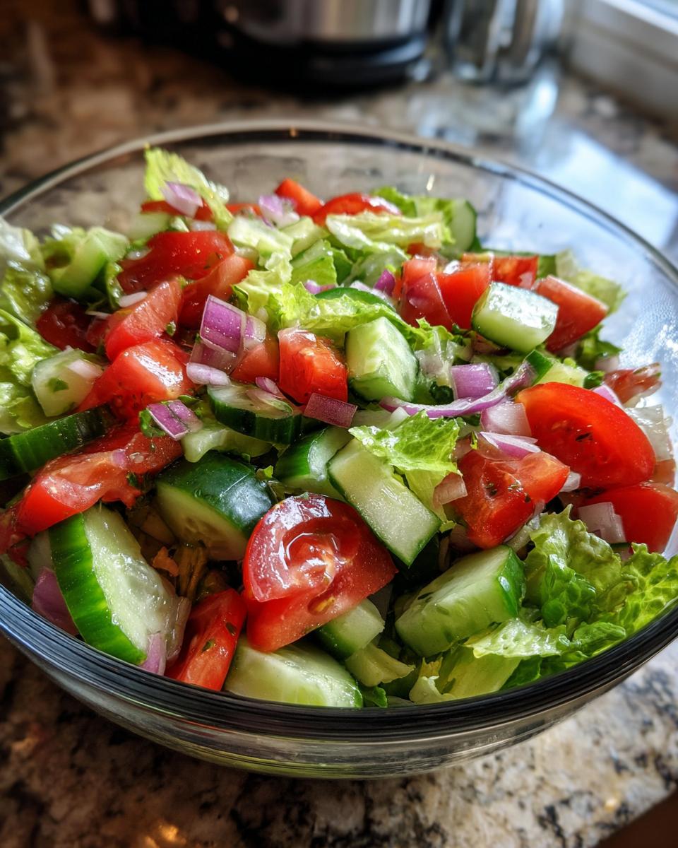 Close-up of a fresh salad with tomatoes, cucumbers, and lettuce; perfect for a 15-minute salad.