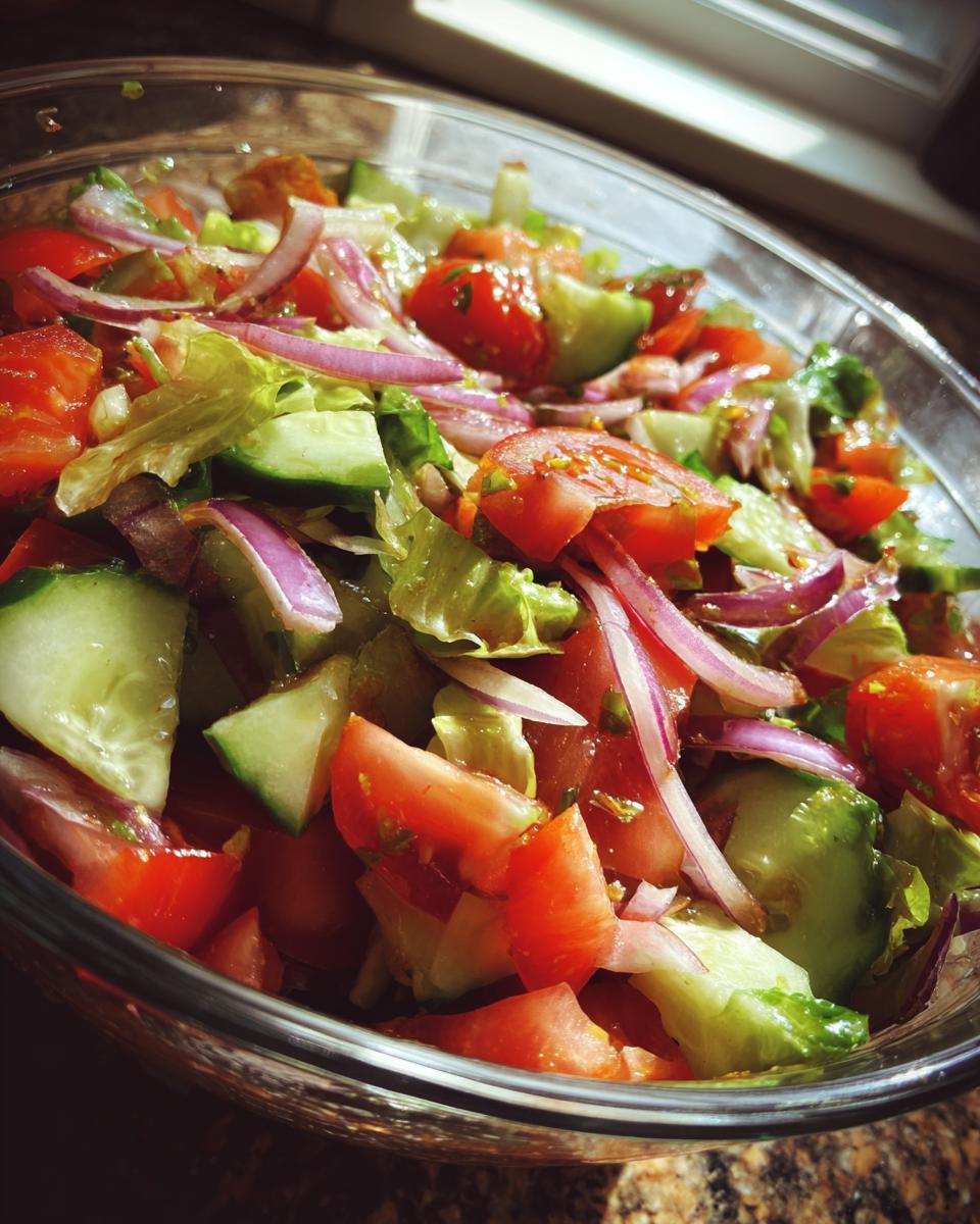 Close-up of a fresh 15-minute salad with tomatoes, cucumbers, and red onion in a glass bowl.