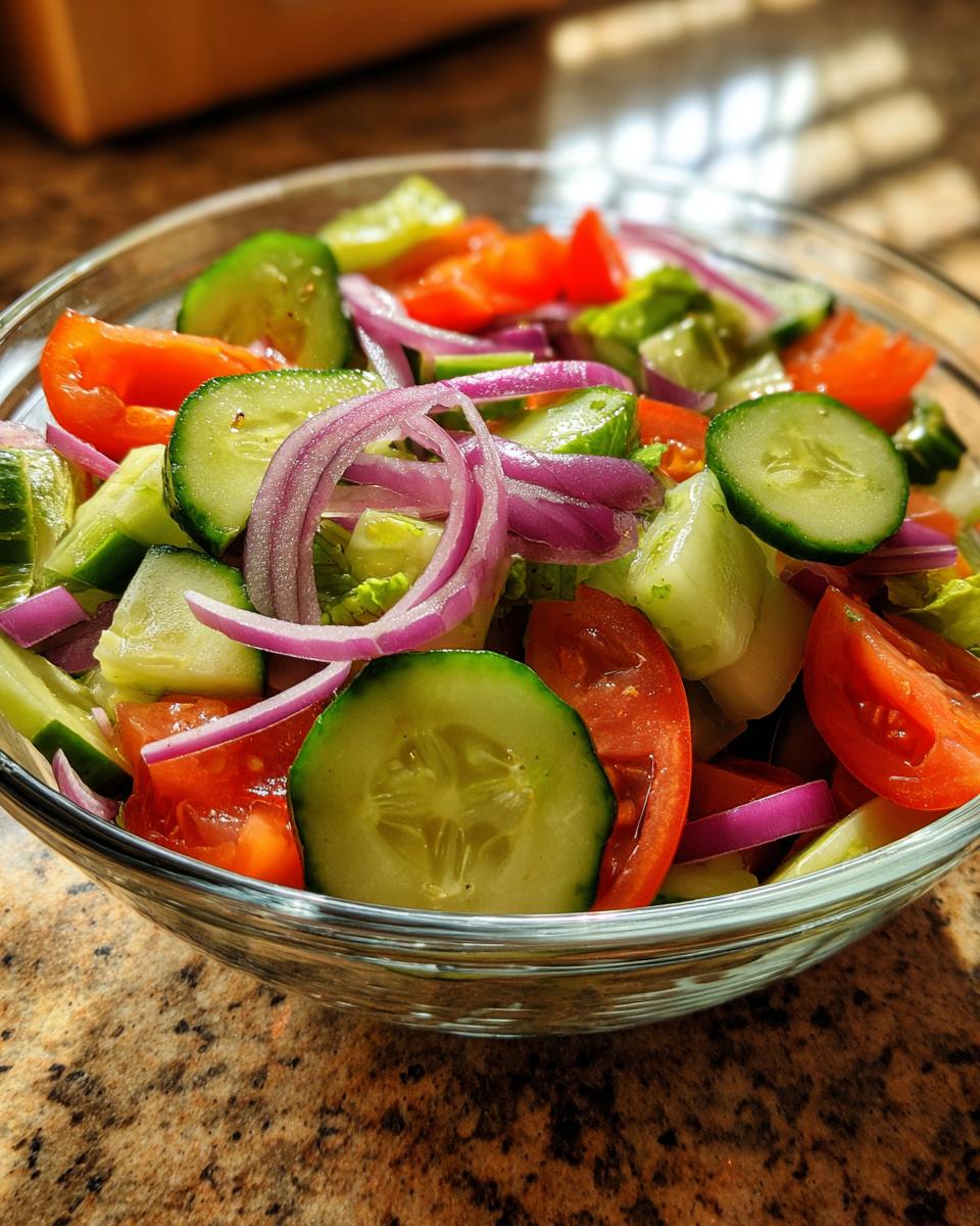 Close-up of a fresh 15-minute salad with tomatoes, cucumbers, and red onion. Perfect for a quick and healthy meal.