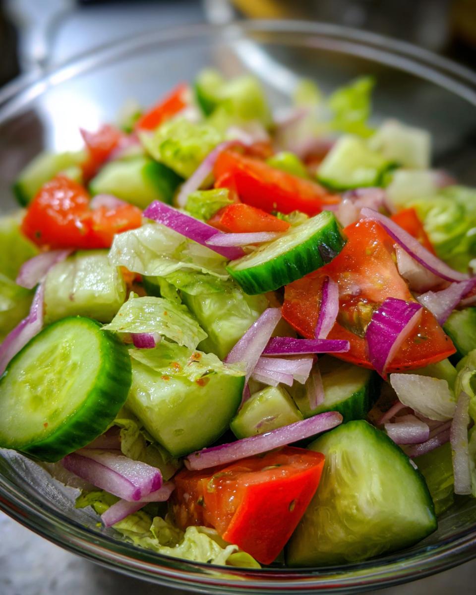 Close-up of a fresh 15-minute salad with tomatoes, cucumbers, and red onion, perfect for a quick meal.