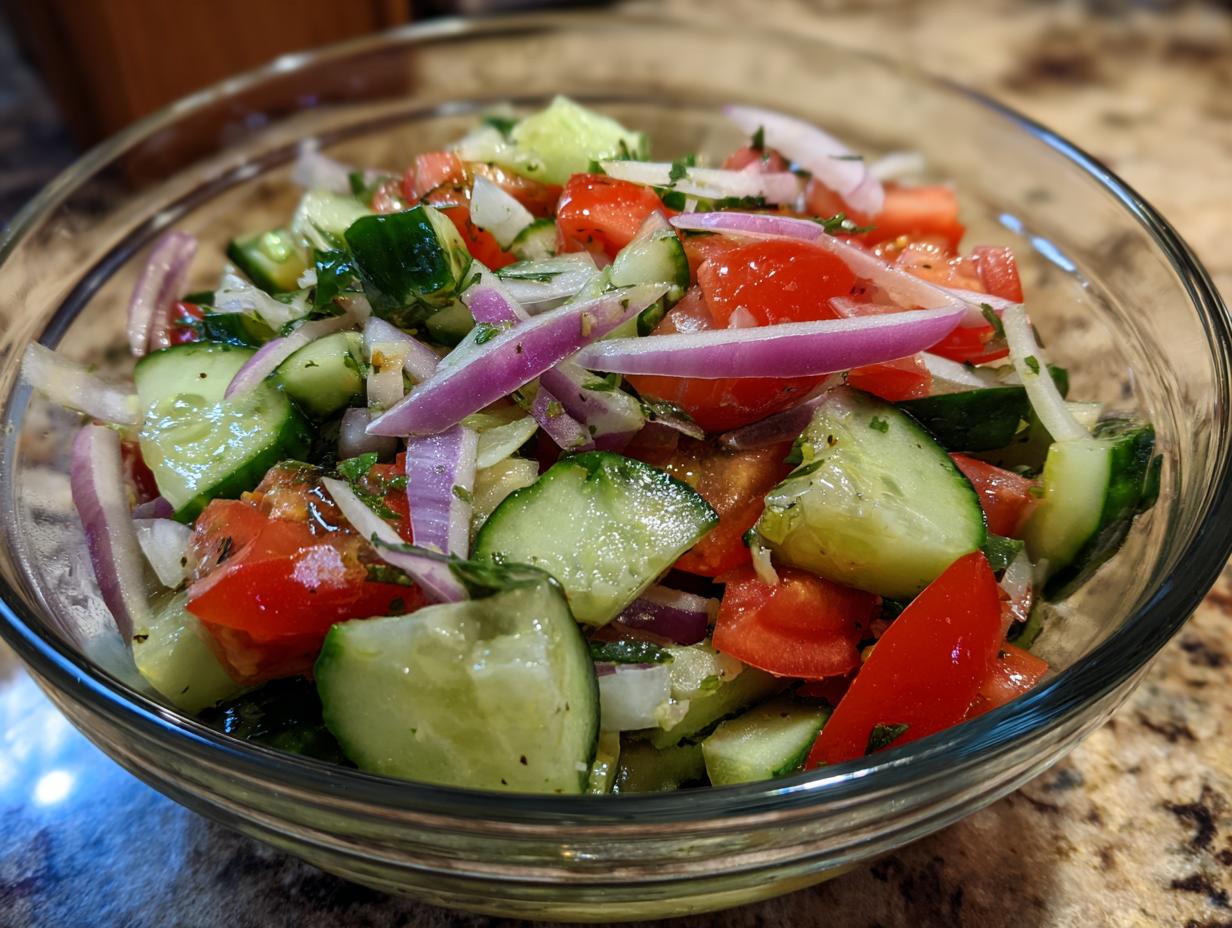 Close-up of a fresh 15-minute salad with tomatoes, cucumbers, and red onion. A quick and easy salad recipe.