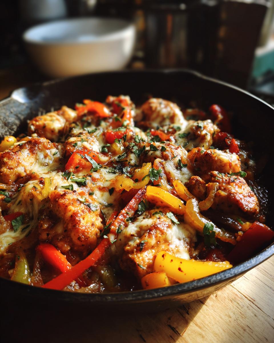 Chicken and bell peppers baked in a skillet, perfect for quick Summer Dinners You Can Make in 30 Minutes or Less.