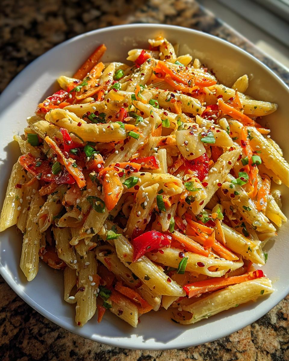 Close-up of a bowl of pasta salad asian with carrots, red peppers, and sesame seeds.