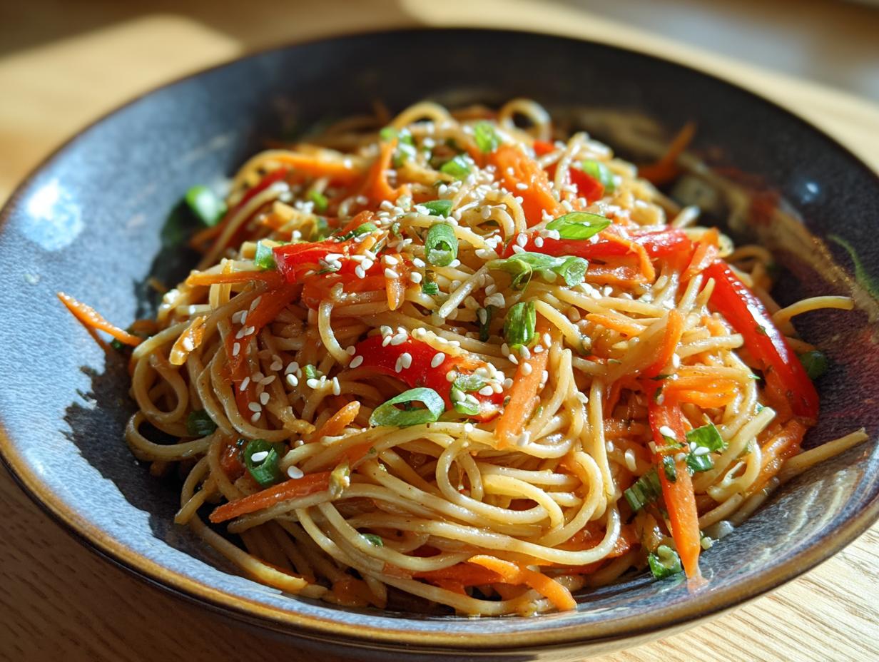 Close-up of a bowl of Asian pasta salad with noodles, carrots, red peppers, and sesame seeds. This is a pasta salad asian dish.