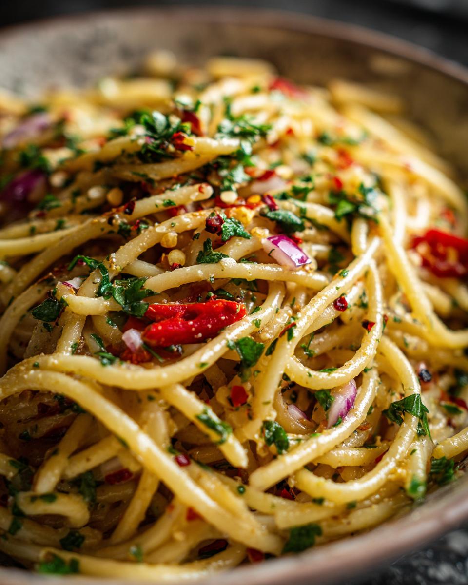 Close-up of Asian pasta salad with noodles, herbs, red peppers, and onions. This is a delicious pasta salad asian.