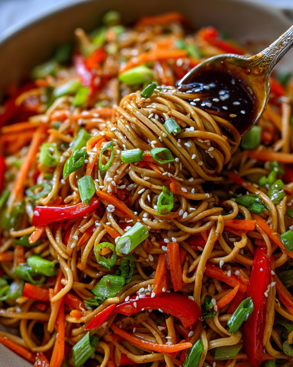 Close-up of Asian pasta salad with noodles, carrots, red peppers, and sesame seeds. The pasta salad asian is being served.