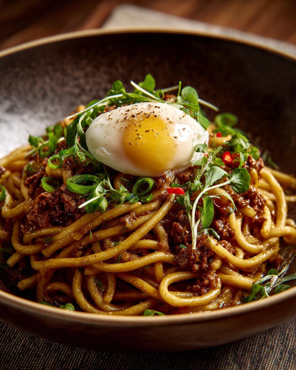 Close-up of Asian pasta salad with a poached egg, herbs, and sauce.