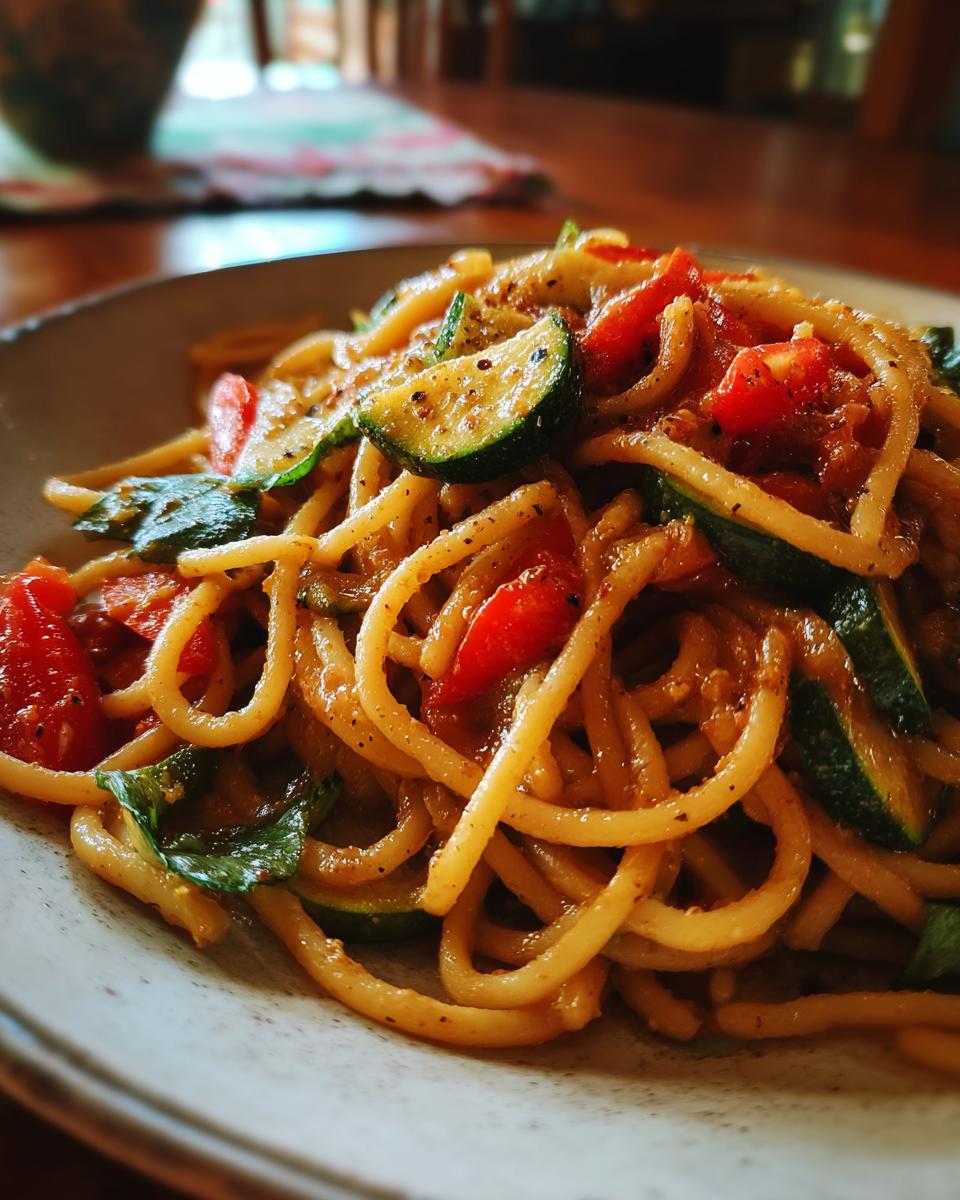 Close-up of a pasta salad asian dish with spaghetti, zucchini, and tomatoes.