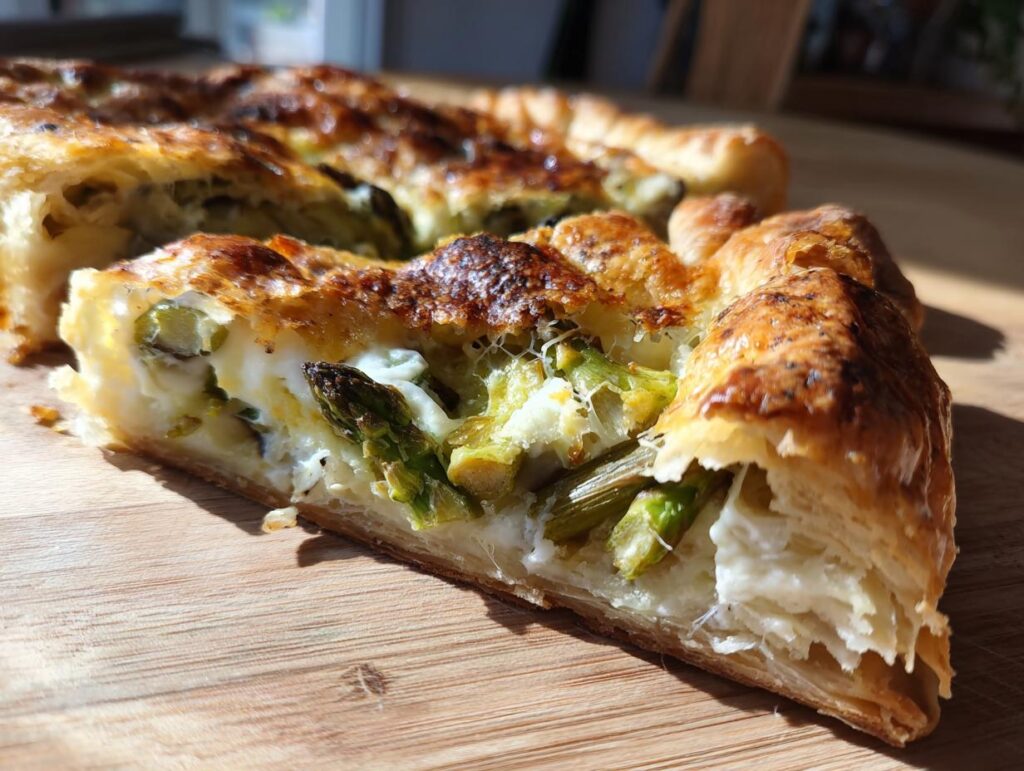 Close-up of a slice of Asparagus & Parmesan Tart with flaky crust and asparagus filling.