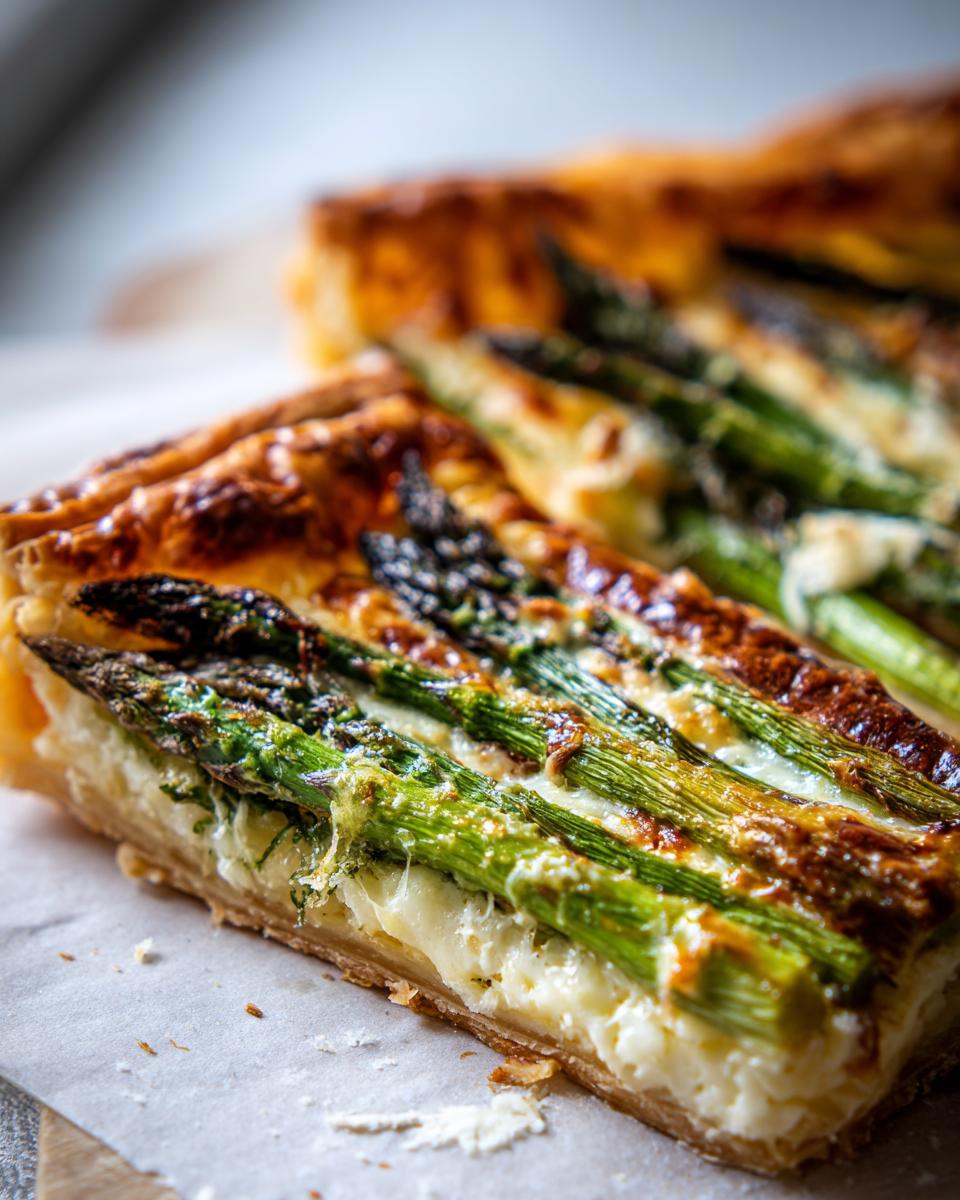 Close-up of a slice of Asparagus & Parmesan Tart, showing asparagus spears and flaky crust.