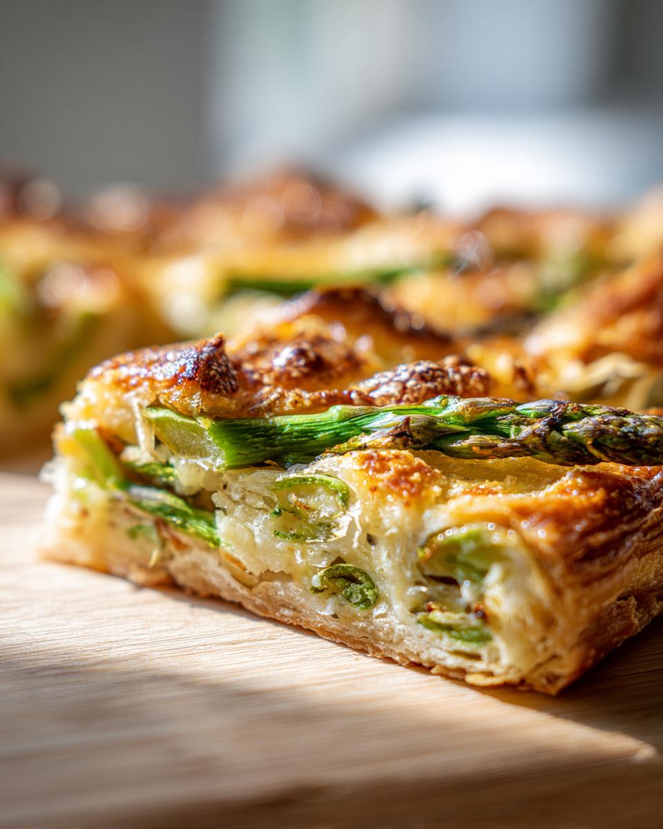 Close-up of a slice of Asparagus & Parmesan Tart, showing the flaky crust and fresh asparagus.