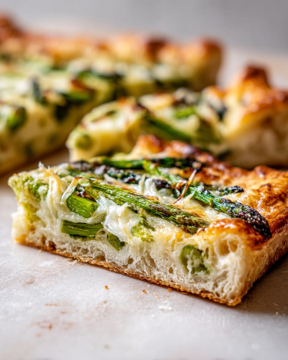 Close-up of a slice of Asparagus & Parmesan Tart, showing asparagus, cheese, and crust.