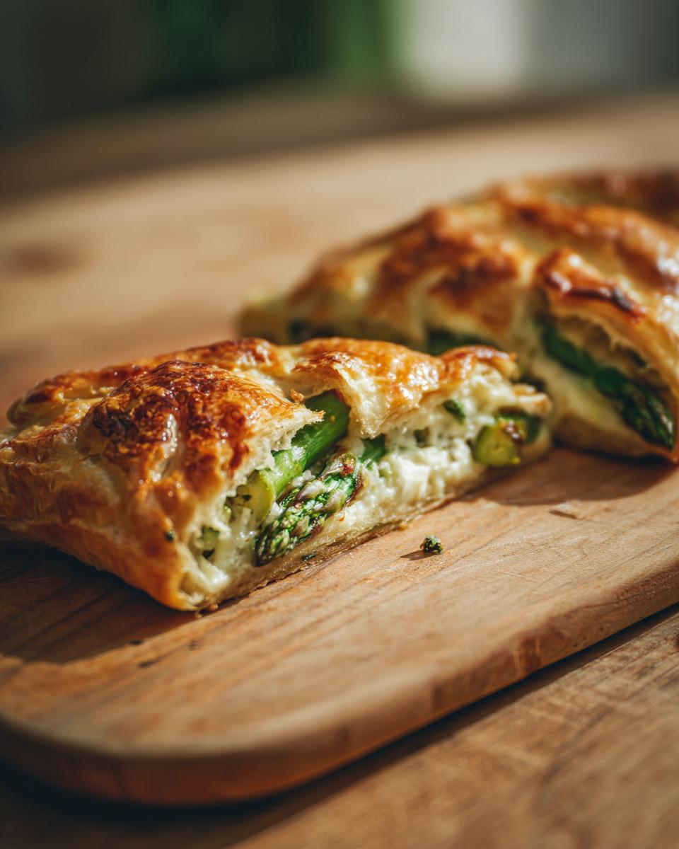 Close-up of a slice of Asparagus & Parmesan Tart on a wooden board, showing the flaky crust and filling.