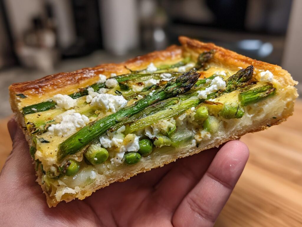 A slice of asparagus tart, a perfect example of Spring Baking Recipes, held in a hand.