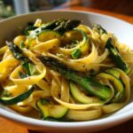 Close-up of asparagus zucchini pasta salad in a white bowl, showcasing fresh ingredients.