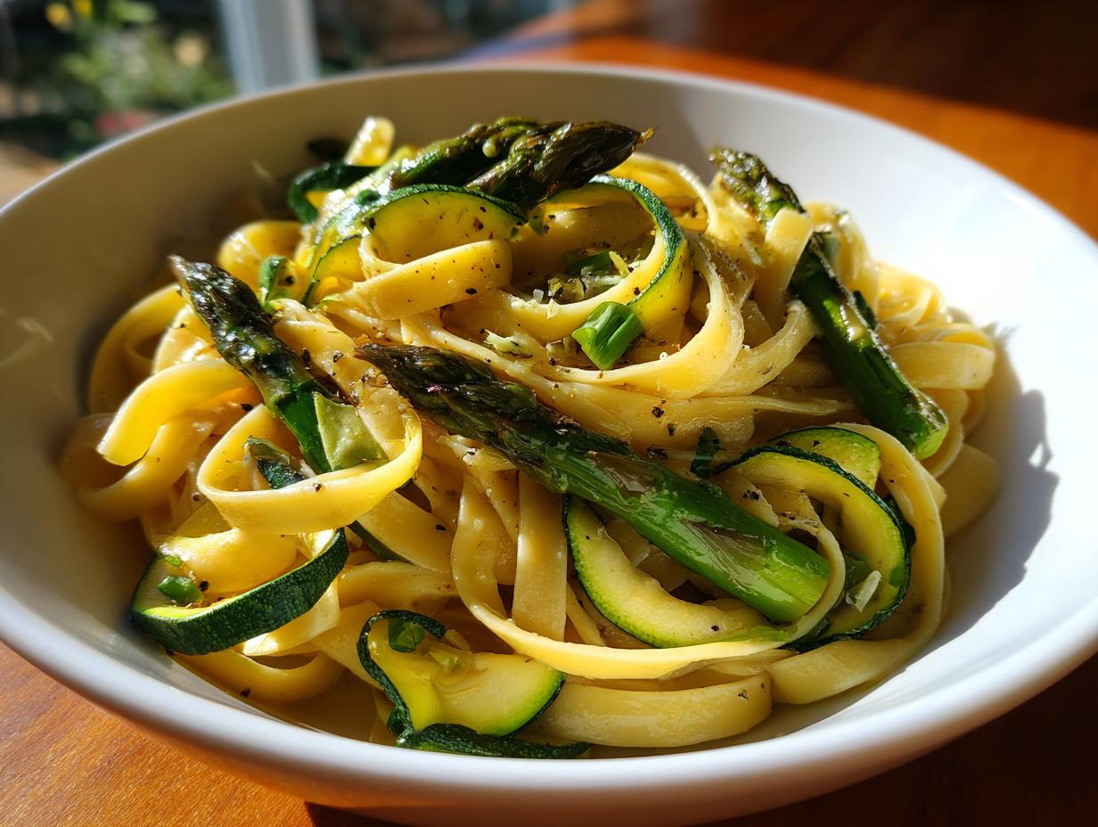 Close-up of asparagus zucchini pasta salad in a white bowl, showcasing fresh ingredients.