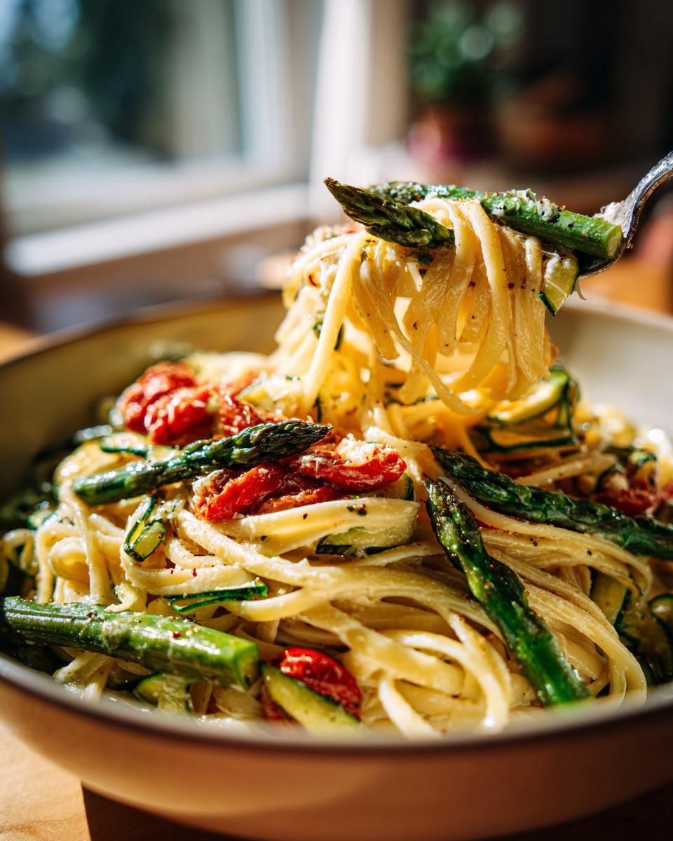 Close-up of asparagus zucchini pasta salad with fresh ingredients.