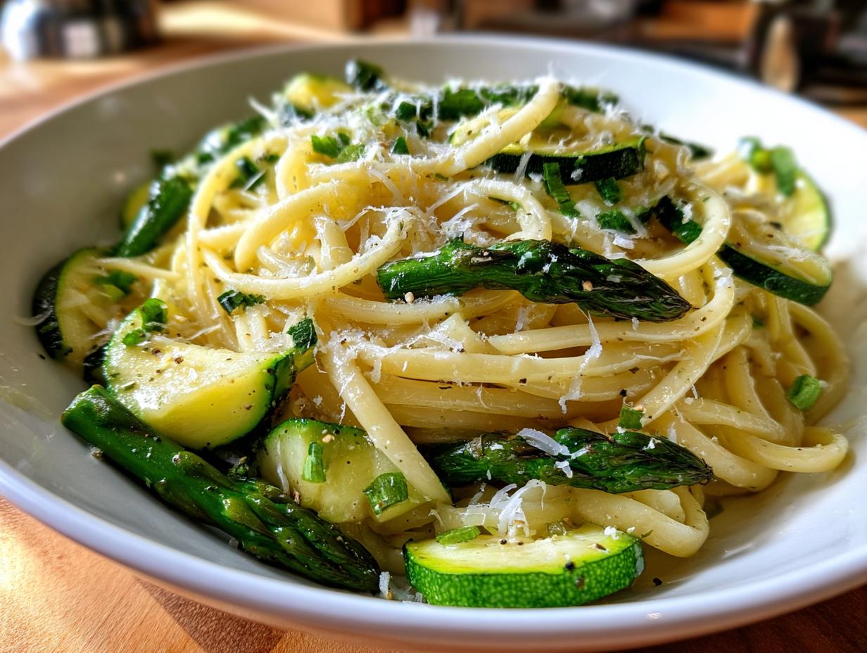 Close-up of asparagus and zucchini pasta salad in a white bowl, garnished with herbs and cheese.