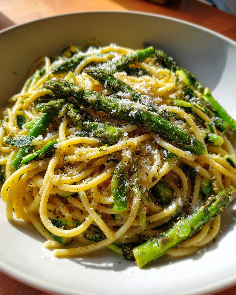 Close-up of asparagus zucchini pasta salad in a white bowl, with parmesan cheese.