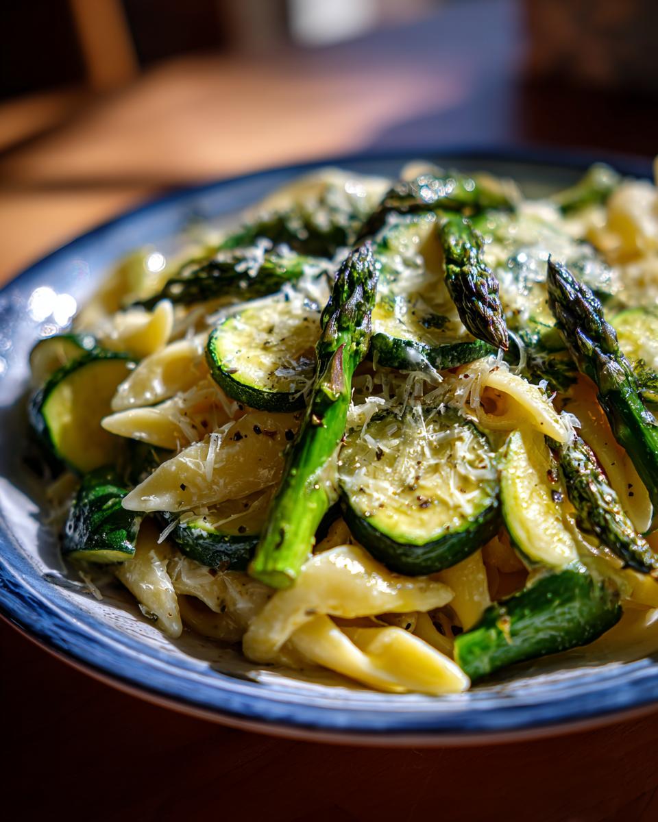 Close-up of a bowl of asparagus and zucchini pasta salad, with parmesan cheese.