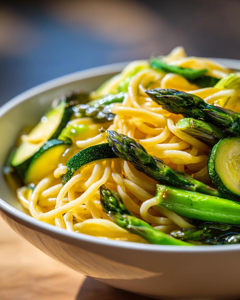 Close-up of asparagus and zucchini pasta salad in a white bowl. The dish includes asparagus, zucchini, and pasta.
