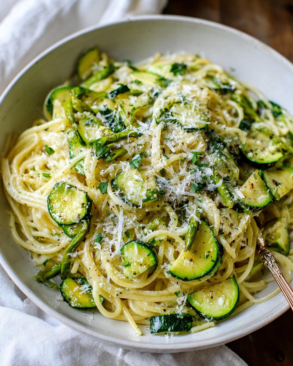 Close-up of a bowl of asparagus and zucchini pasta salad, garnished with parmesan cheese and herbs.