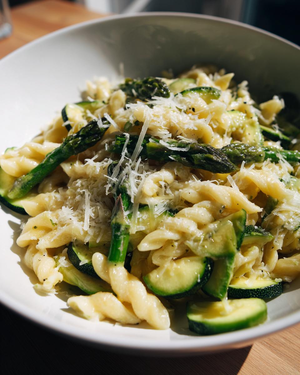 Close-up of a bowl of asparagus and zucchini pasta salad, with parmesan cheese.