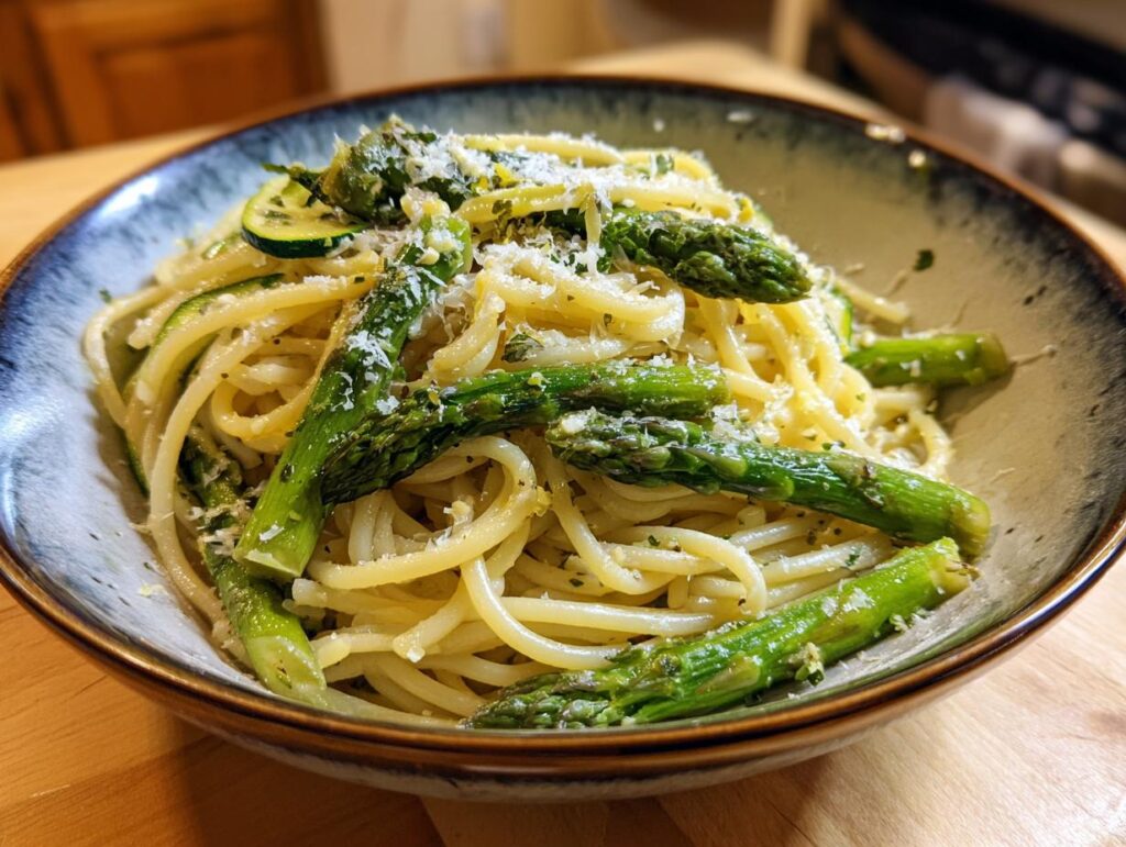 A bowl of fresh asparagus zucchini pasta salad, garnished with cheese and herbs. The asparagus zucchini pasta salad is ready to eat.