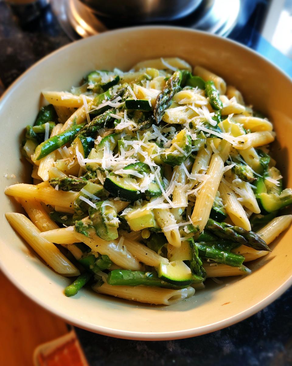 A vibrant bowl of asparagus and zucchini pasta salad, topped with cheese.
