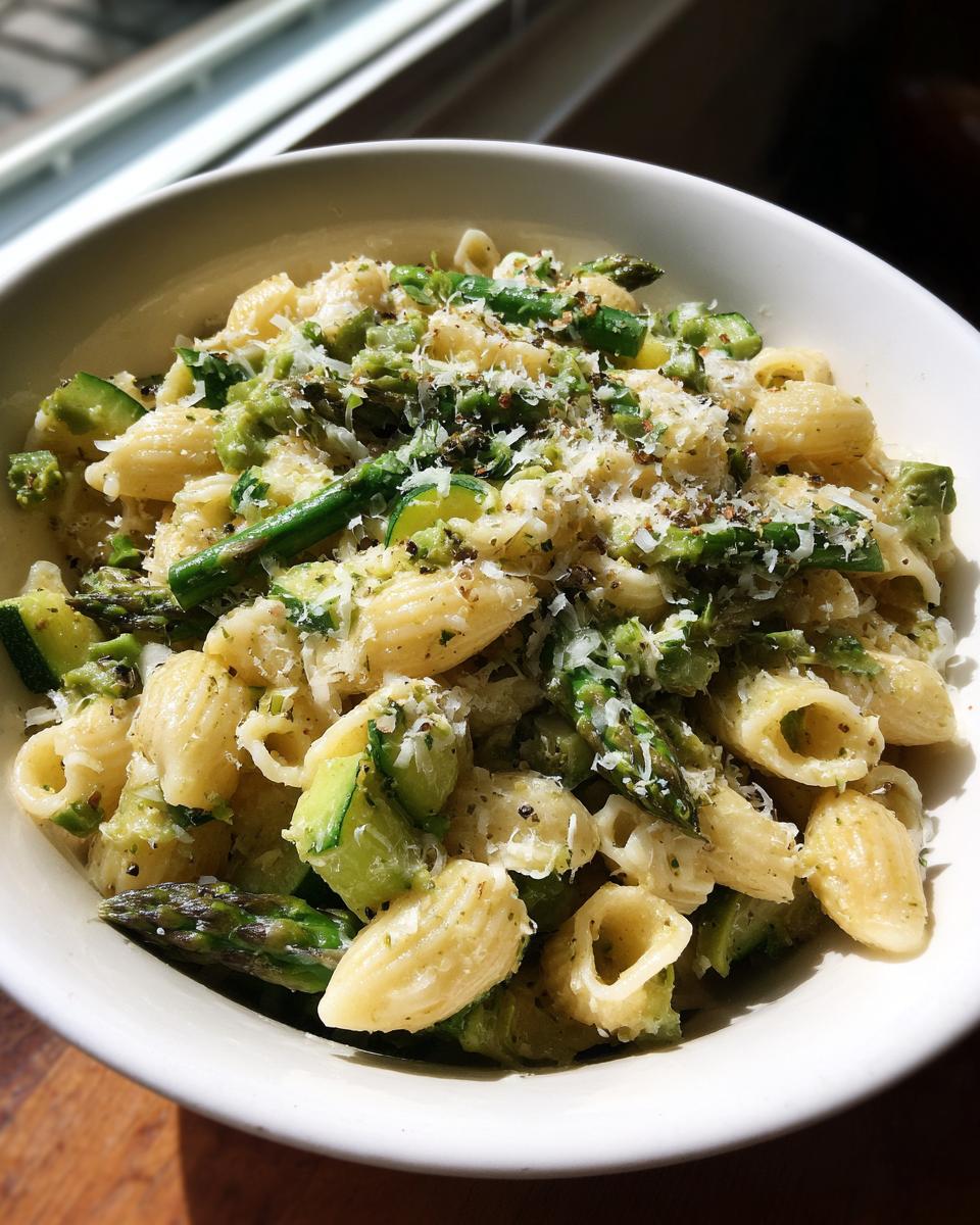 Close-up of a bowl filled with asparagus and zucchini pasta salad, topped with cheese and herbs.