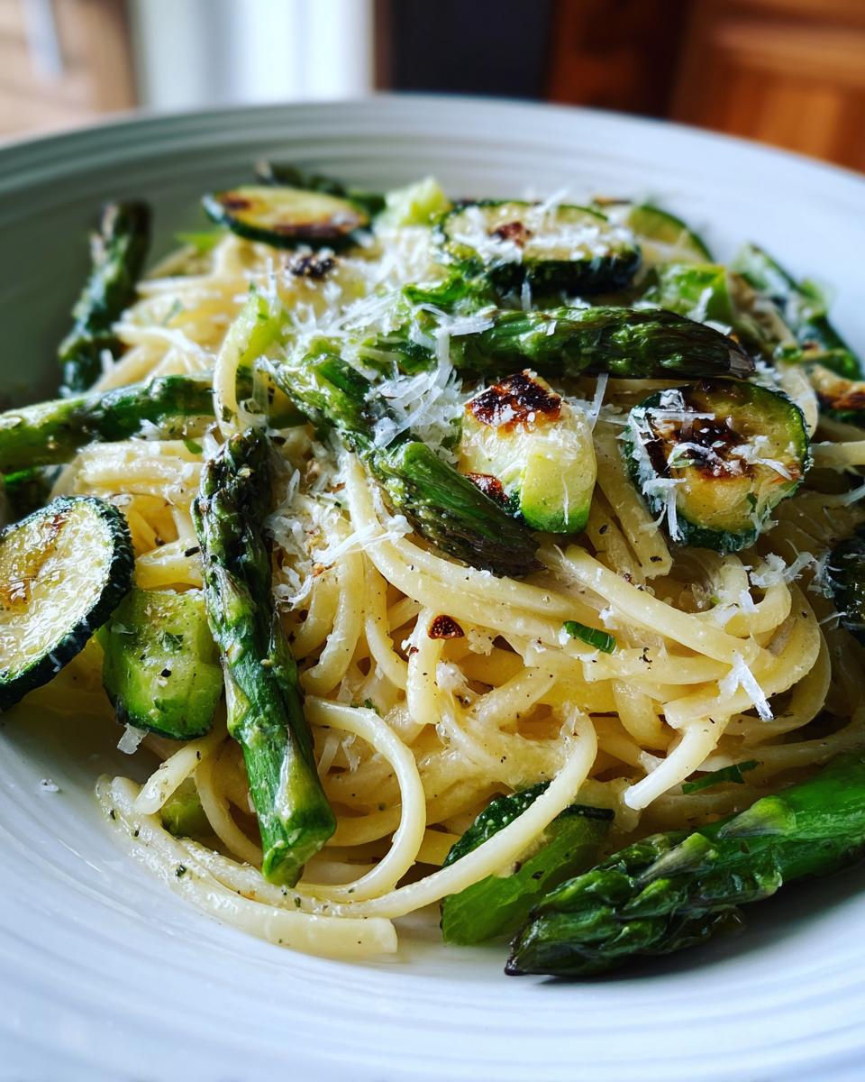 Close-up of a bowl of asparagus and zucchini pasta salad, garnished with parmesan cheese.