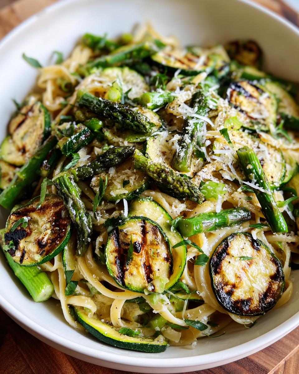 Close-up of a bowl of asparagus and zucchini pasta salad with grilled vegetables and parmesan cheese.