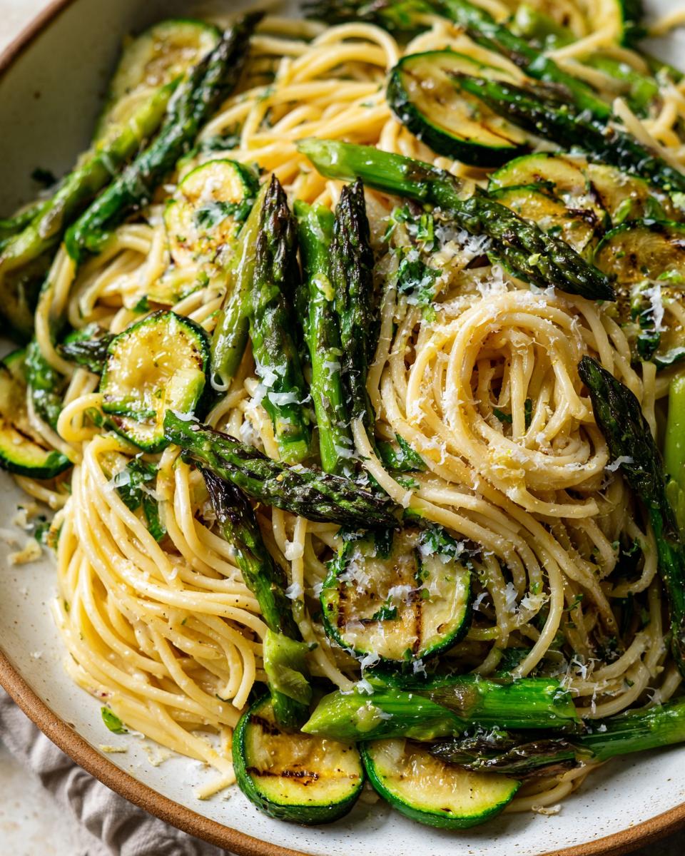 Close-up of asparagus and zucchini pasta salad with parmesan cheese.