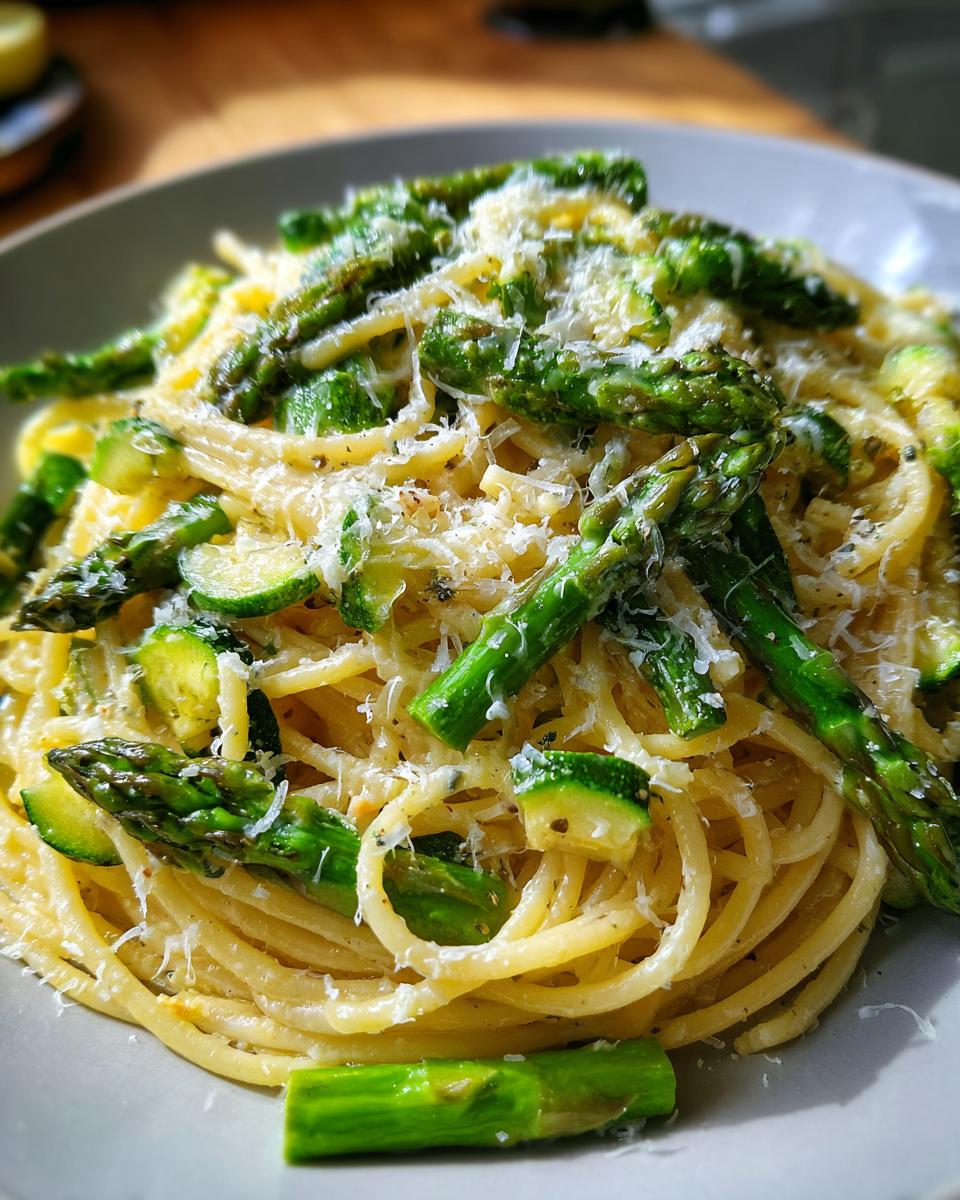 Close-up of a plate of asparagus and zucchini pasta salad, a delicious and healthy dish.