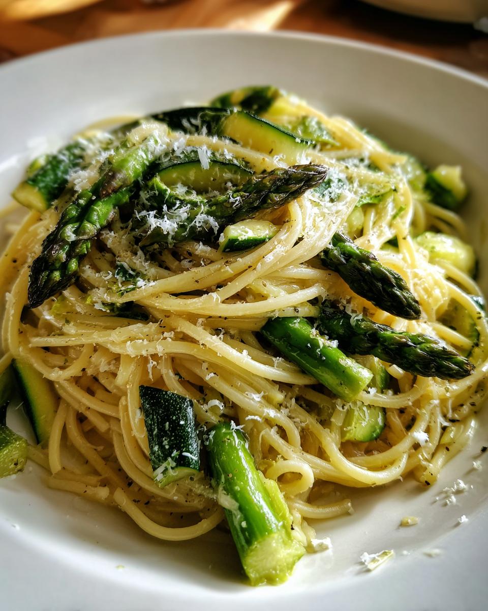 Close-up of asparagus and zucchini pasta salad, a delicious and healthy dish. The asparagus and zucchini pasta salad is served in a white bowl.